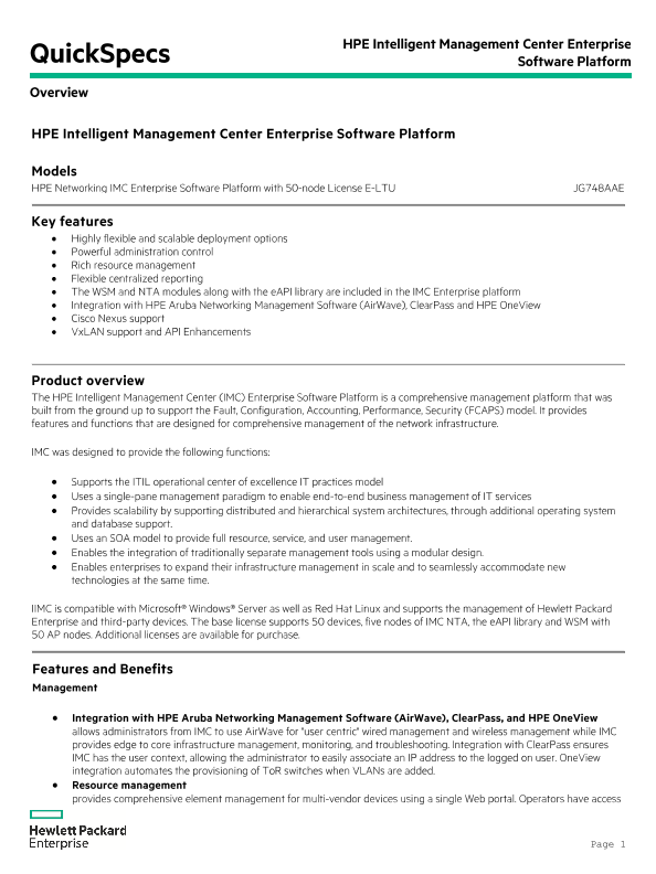 HPE Intelligent Management Center Enterprise Software Platform