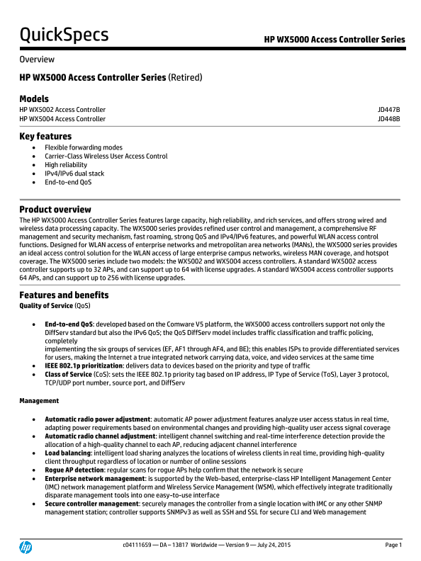 HP WX5000 Access Controller Series thumbnail