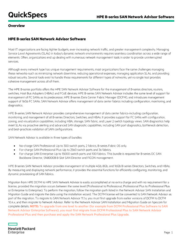 HPE B-series SAN Network Advisor Software