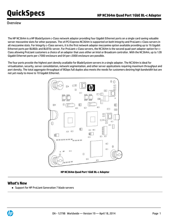 HP NC364m Quad Port 1GbE BL-c Adapter thumbnail
