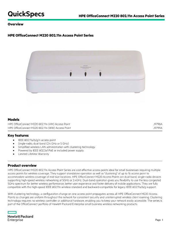 HPE OfficeConnect M220 802.11n Access Point Series