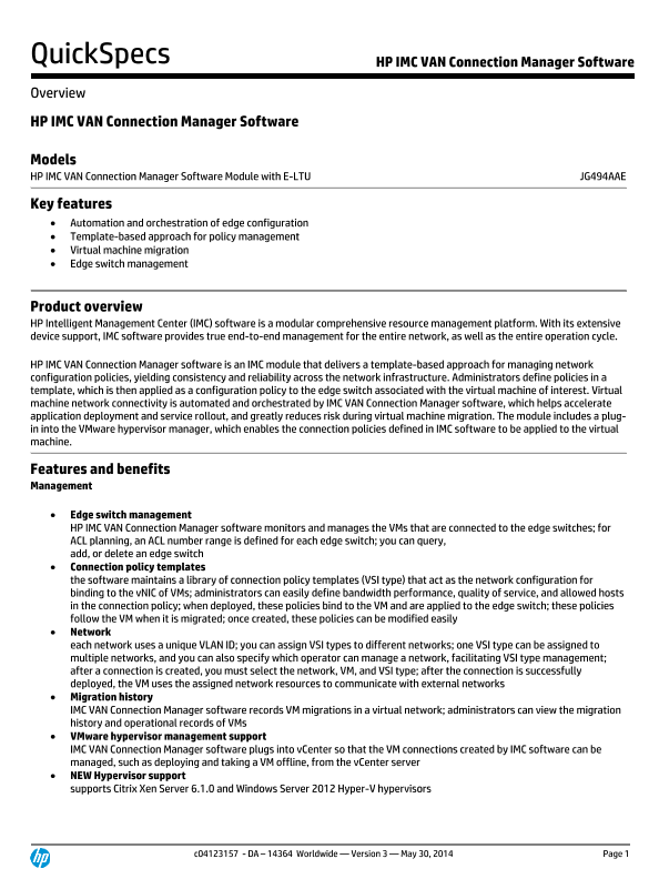 HP Intelligent Management Center Virtual Application Network Software thumbnail