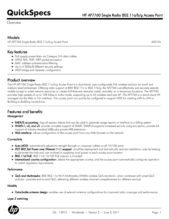 HP AP7760 Single Radio 802.11a/b/g Access Point thumbnail