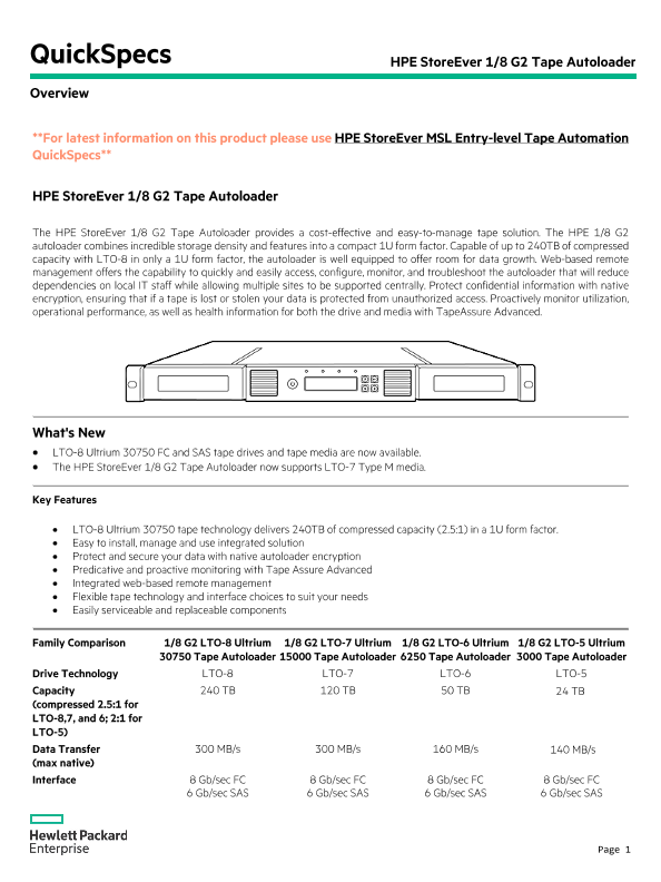 HPE StoreEver 1/8 G2 Tape Autoloader thumbnail