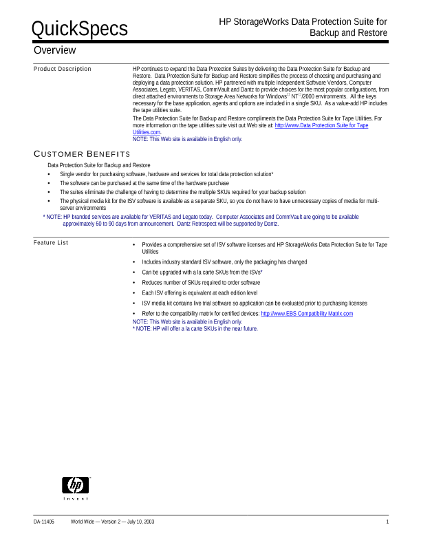 HP StorageWorks Data Protection Suite for Backup and Restore thumbnail