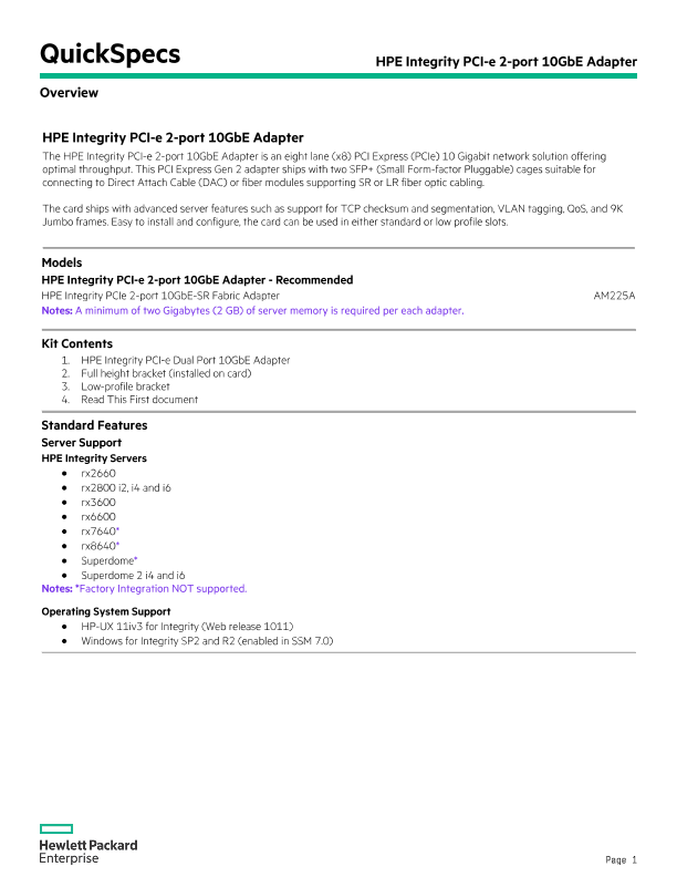 HPE Integrity PCIe 2-port 10GbE Adapters thumbnail