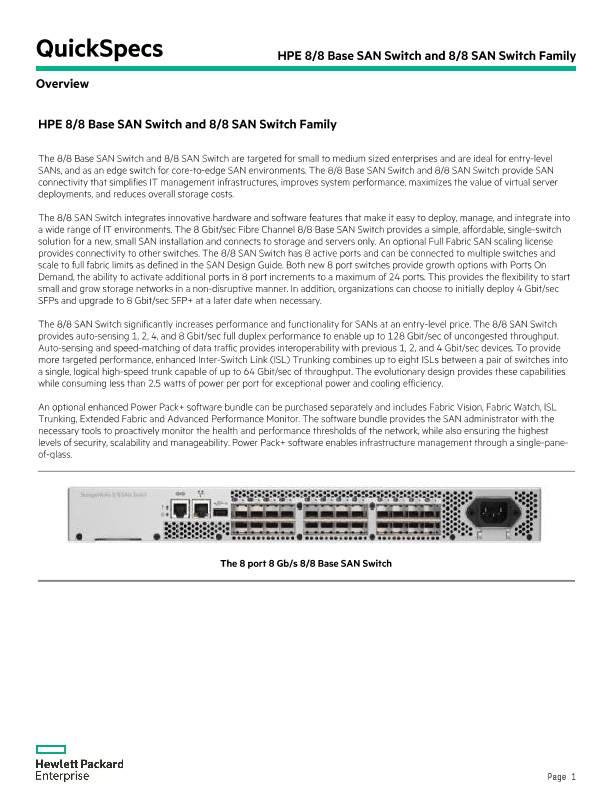 HPE 8/8 Base SAN Switch and 8/8 SAN Switch Family thumbnail