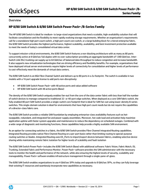 HP 8/80 SAN Switch & 8/80 SAN Switch Power Pack+ /B-Series Family thumbnail