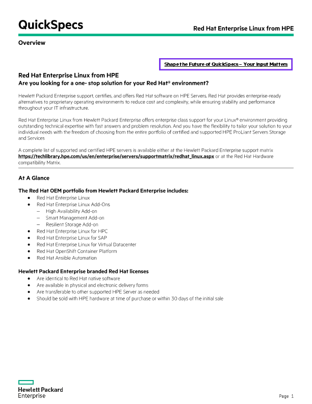 Red Hat Enterprise Linux from HPE QuickSpecs thumbnail