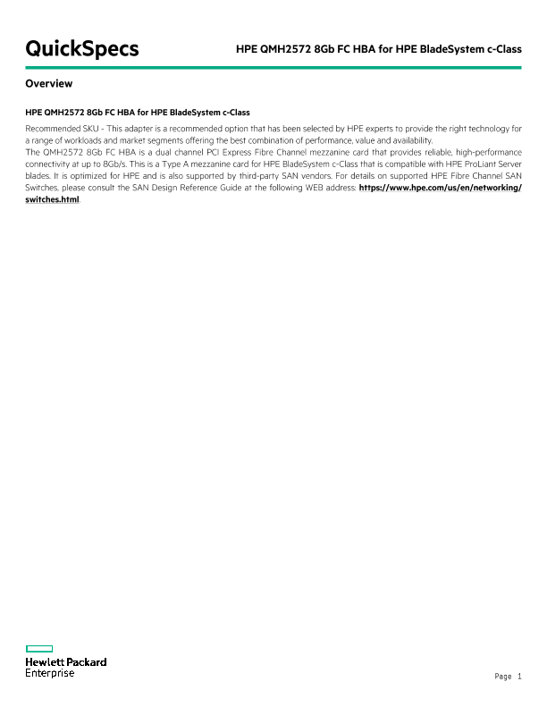 HPE QMH2572 8Gb FC HBA for HP BladeSystem c-Class thumbnail