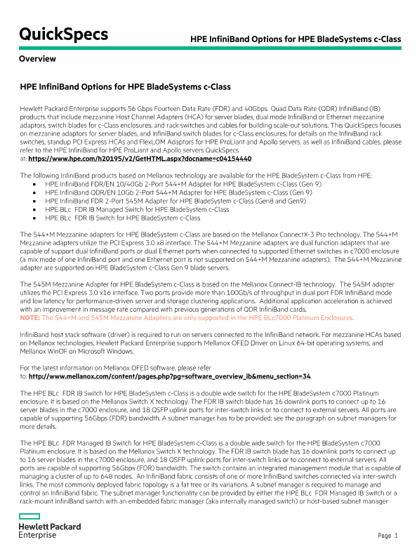 HPE InfiniBand Options for HPE BladeSystems c-Class thumbnail
