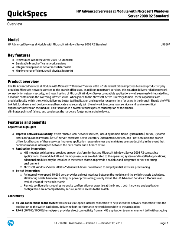 HP Advanced Services zl Module with Microsoft Windows Server 2008 R2 Standard thumbnail