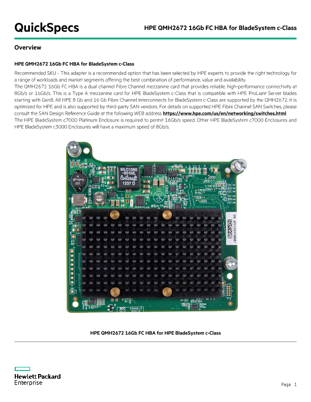 HPE QMH2672 16Gb FC HBA for BladeSystem c-Class thumbnail