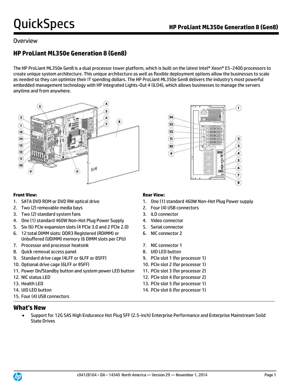 HP ProLiant ML350e Generation 8 (Gen8) – North America version thumbnail