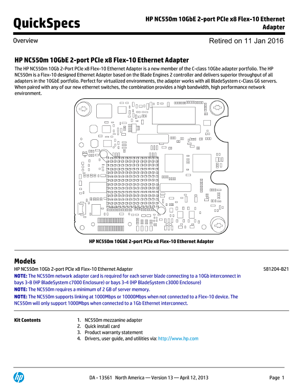 HP NC550m 10GbE 2-port PCIe x8 Flex-10 Ethernet Adapter – North America version thumbnail