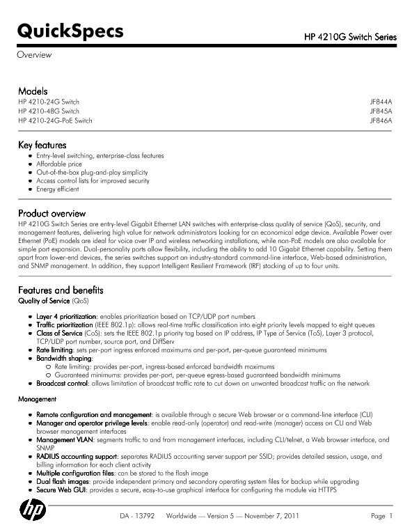 HP 4210G Switch Series thumbnail