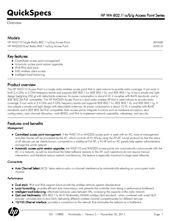 HP WA-802.11a/b/g Access Point Series thumbnail