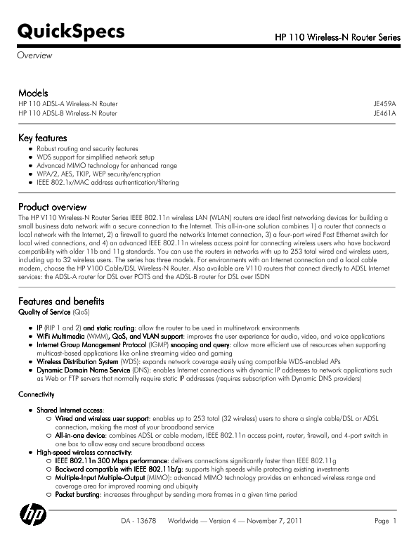 HP 110 Wireless-N Router Series thumbnail