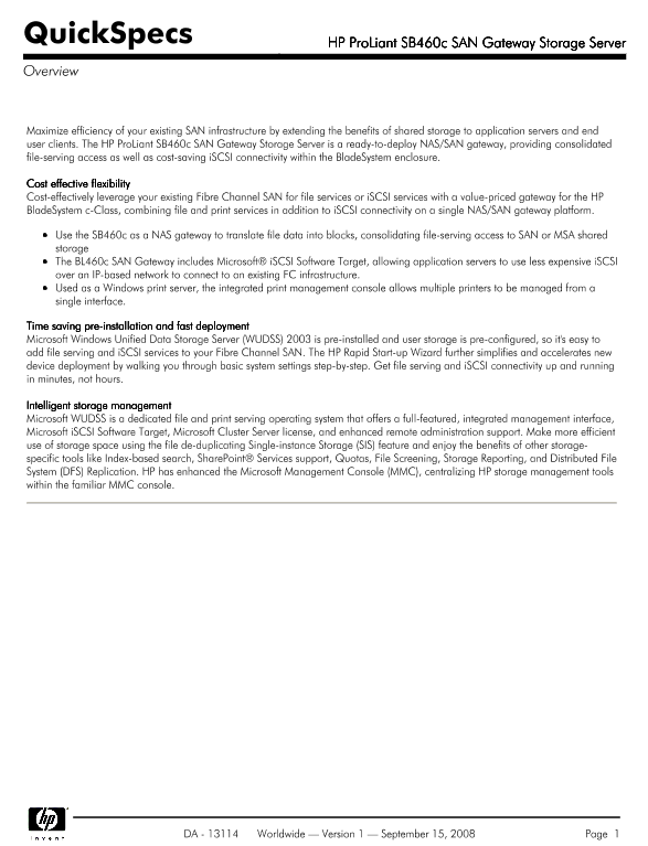HP ProLiant SB460c SAN Gateway Storage Server thumbnail