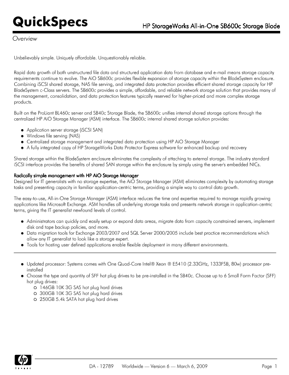 HP StorageWorks All-in-One SB600c Storage Blade thumbnail