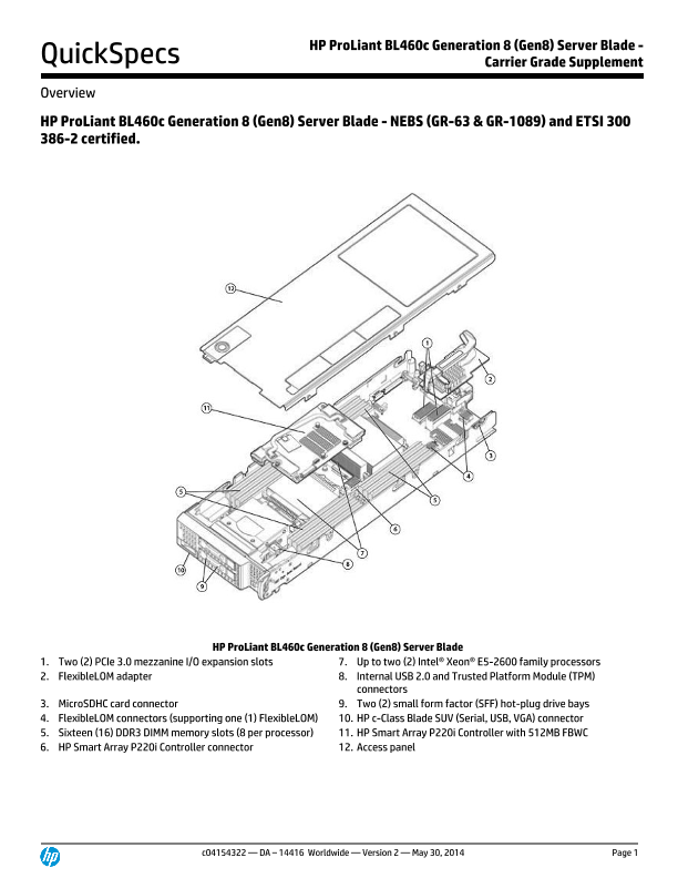 HP ProLiant BL460c Generation 8 (Gen8) Server Blade- Carrier Grade Supplement thumbnail