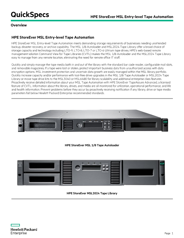 HPE StoreEver MSL Entry-level Tape Automation thumbnail