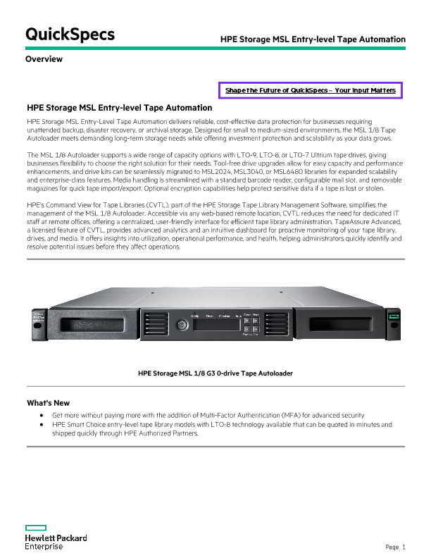 HPE Storage MSL Entry-level Tape Automation QuickSpecs thumbnail