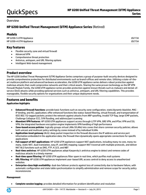 HP U200 Unified Threat Management (UTM) Appliance Series thumbnail