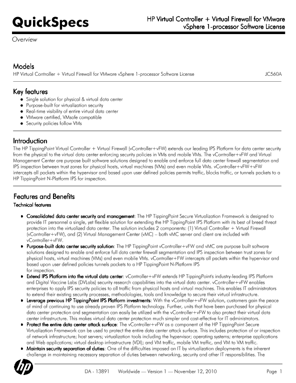 HP Virtual Controller + Virtual Firewall for VMware vSphere 1-processor Software License thumbnail