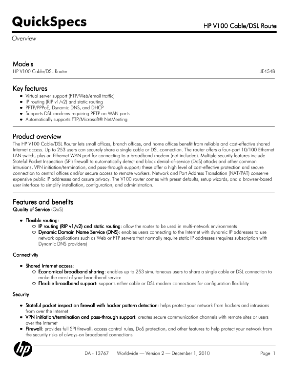 HP V100 Cable/DSL Router thumbnail