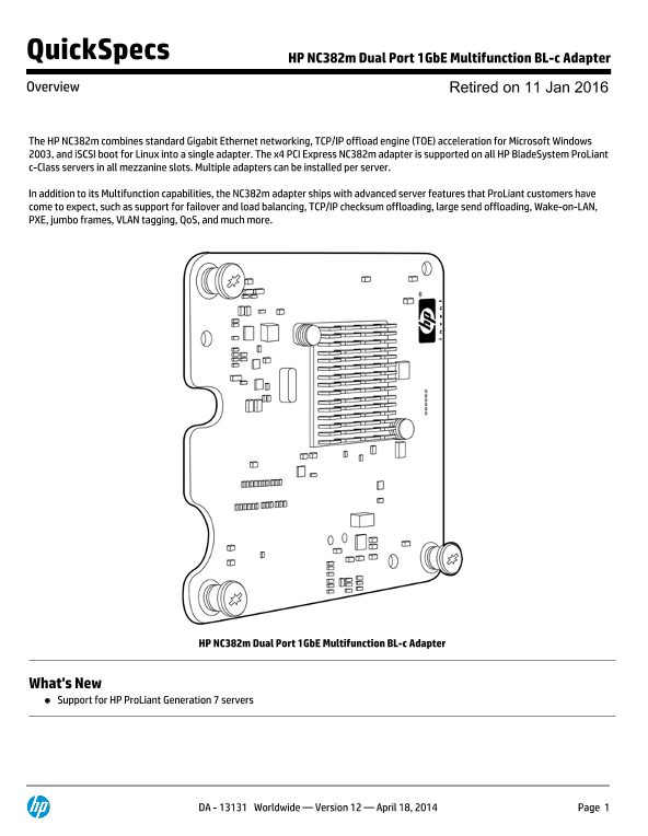 HP NC382m Dual Port 1GbE Multifunction BL-c Adapter thumbnail