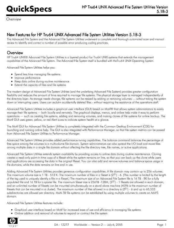 HP Tru64 UNIX Advanced File System Utilities Version 5.1B-3 thumbnail
