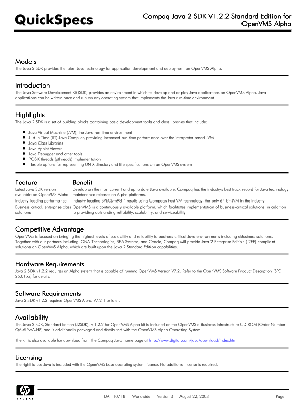 Compaq Java 2 SDK v1.2.2 Standard Edition for OpenVMS Alpha