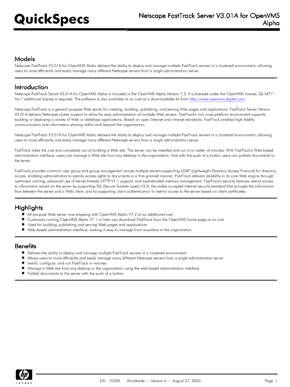 Netscape FastTrack Server V3.01A for OpenVMS Alpha