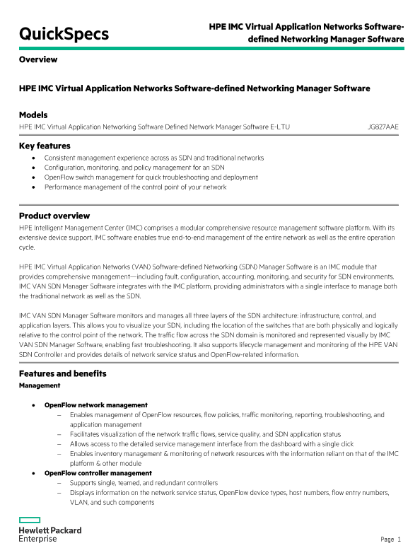 HPE IMC Virtual Application Networks Software-defined Networking Manager Software thumbnail