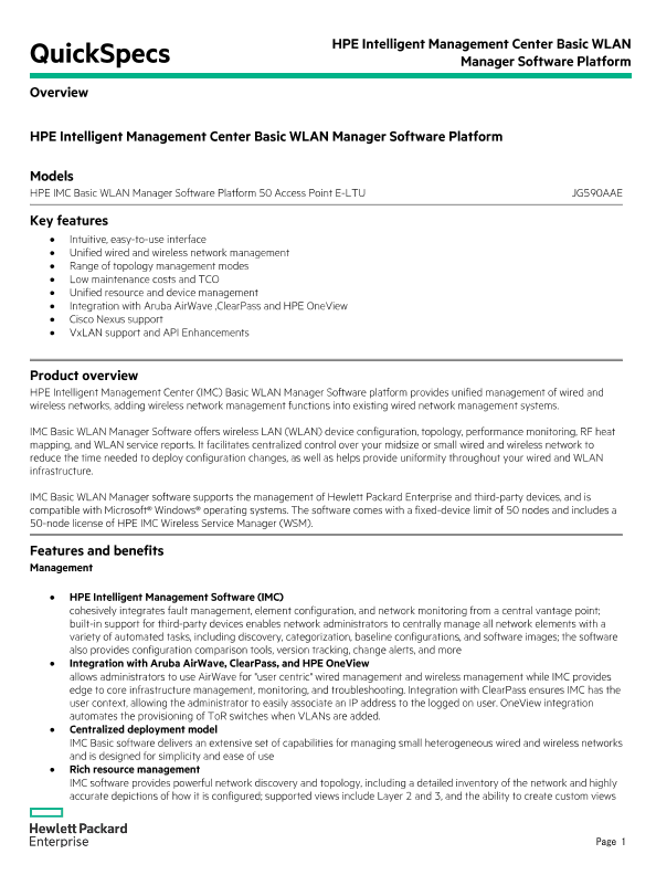 HPE Intelligent Management Center Basic WLAN Manager Software Platform thumbnail