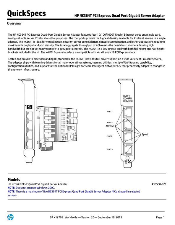 HP NC364T PCI Express Quad Port Gigabit Server Adapter thumbnail