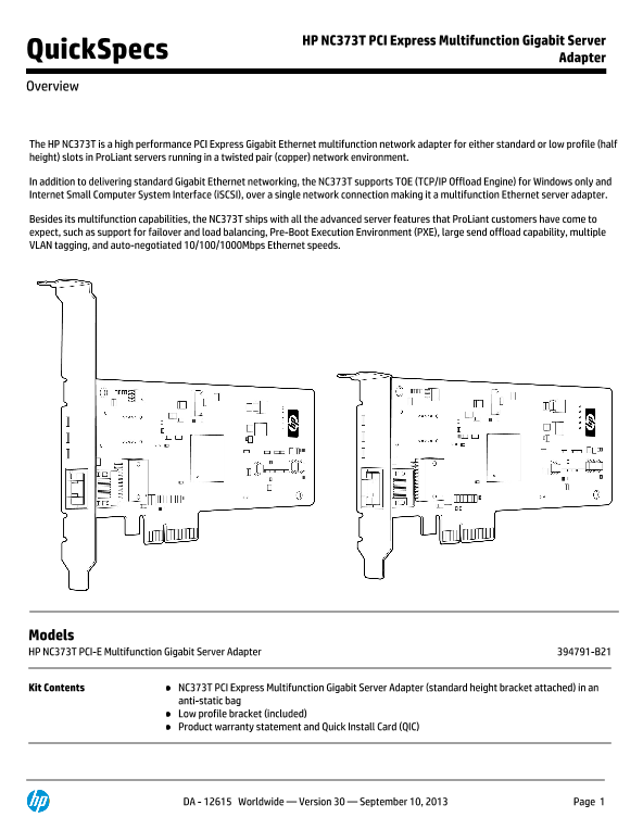 HP NC373T PCI Express Multifunction Gigabit Server Adapter