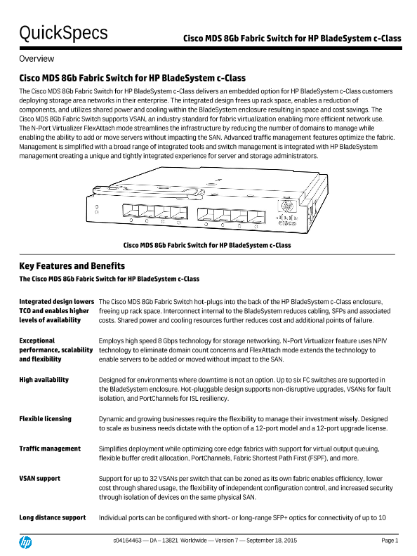 Cisco MDS 8Gb Fabric Switch for HP BladeSystem c-Class