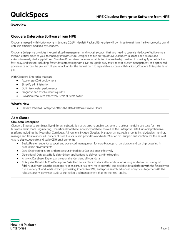 Cloudera Enterprise Software from HPE QuickSpecs thumbnail