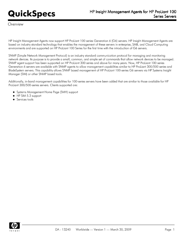 HP Insight Management Agents for HP ProLiant 100 Series Servers thumbnail