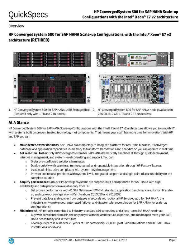 HP ConvergedSystem 500 for SAP HANA Scale-up Configurations with the Intel® Xeon® E7 v2 architecture thumbnail