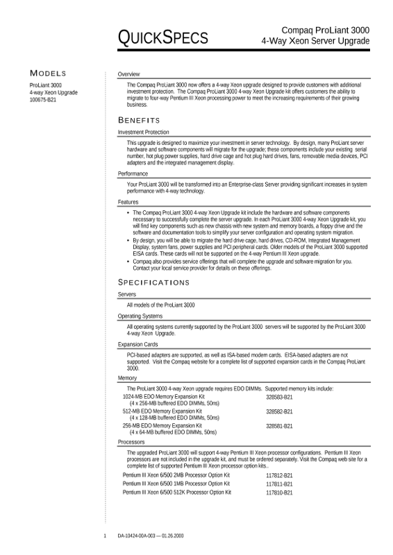 Compaq ProLiant 3000 4-Way Xeon Server Upgrade