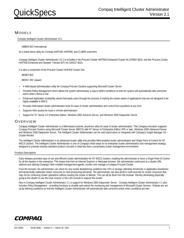 Compaq Intelligent Cluster Administrator Version 2.1 thumbnail