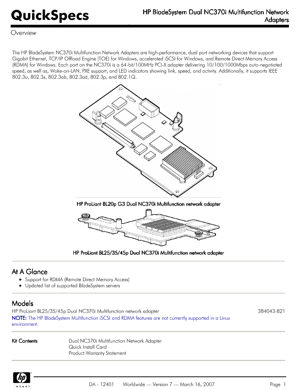 HP BladeSystem Dual NC370i Multifunction Network Adapters thumbnail