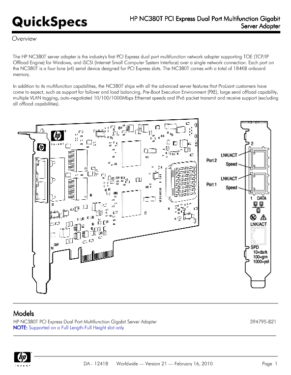 HP NC380T PCI Express Dual Port Multifunction Gigabit Server Adapter thumbnail