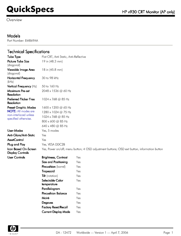 HP v930 CRT Monitor (AP only) thumbnail
