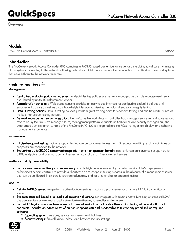 ProCurve Network Access Controller 800 thumbnail