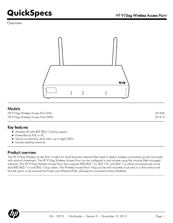 HP V10ag Wireless Access Point thumbnail