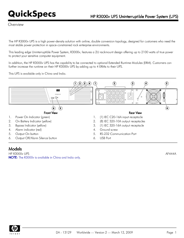 HP R3000v UPS Uninterruptible Power System (UPS) thumbnail